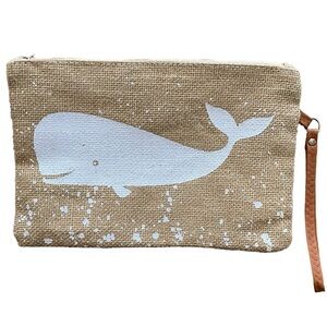 Burlap Whale Clutch Wristlet Pouch Tan/White NWOT